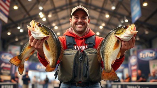 Fishing tournament winner holding fish at event stage.
