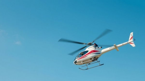 Helicopter with photographer in blue sky capturing aerial shots.