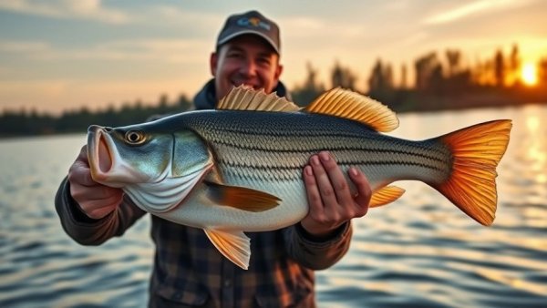 Fishing news: Man proudly holding a large striped bass at sunset.