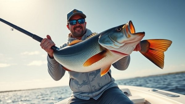 Fishing tournament participant with large bass on sunny day.