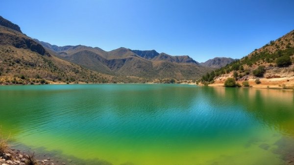 Tranquil lake in California with rugged hills and greenery, perfect for bass fishing.