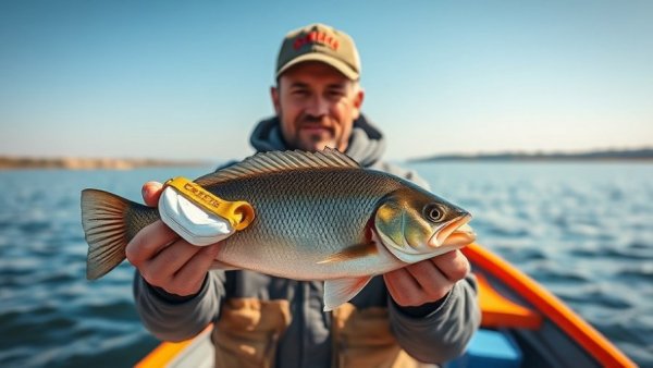 Fishing tournaments scene: man holding fish on colorful boat.