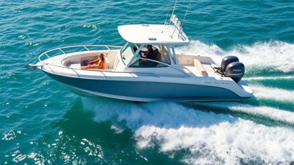Sleek Formula 387 center console fish boat cruising on turquoise waters.