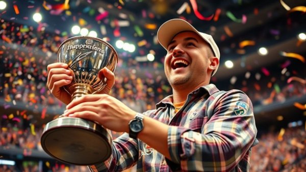 Fishing tournaments celebration with trophy and confetti