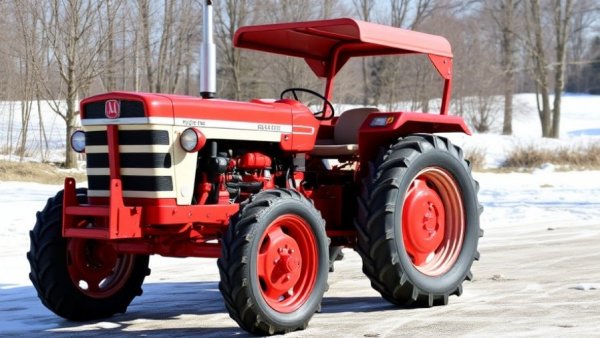 Classic red tractor with Rollover Protective Structures in a snowy landscape.