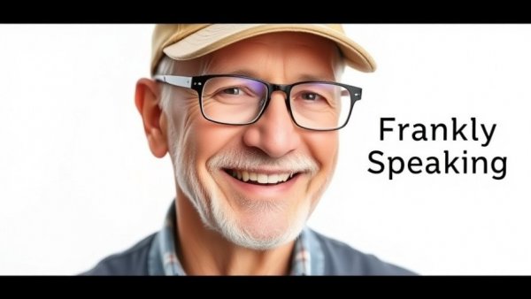 Smiling elderly man with glasses next to 'Frankly Speaking'.