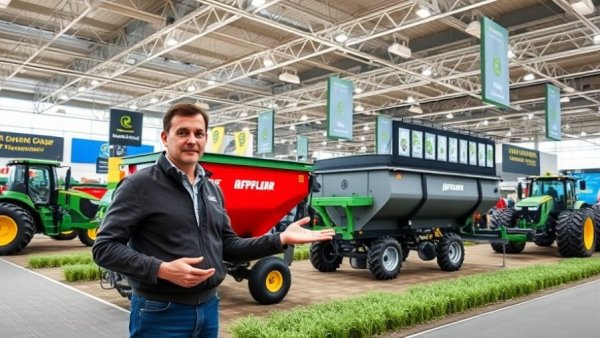 Cover crop spreaders showcased at an agricultural expo.
