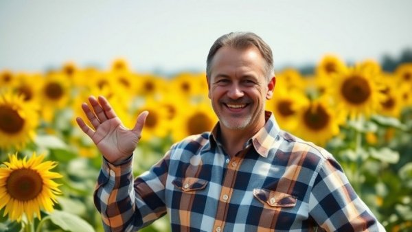 Farmer in sunflower field promoting no-till farming.