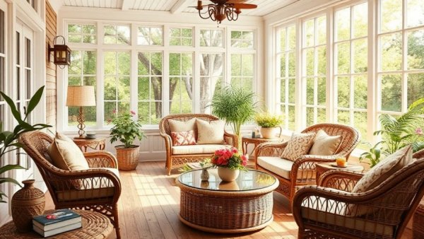 Cozy sunroom with wicker chairs and plants, ideal for family farmers.