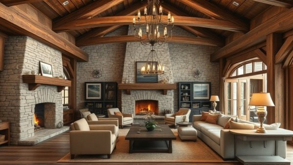 Texas stone ranch living room with rustic decor and fireplace.