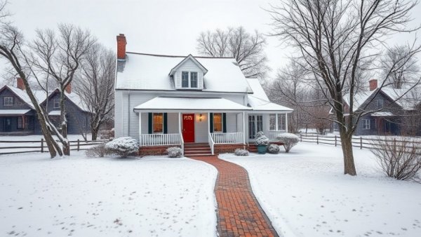 Charming farmhouse in winter setting for farm home New Year’s recipes.