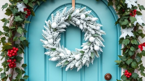Christmas wreath on teal door of designer Christmas cottage.