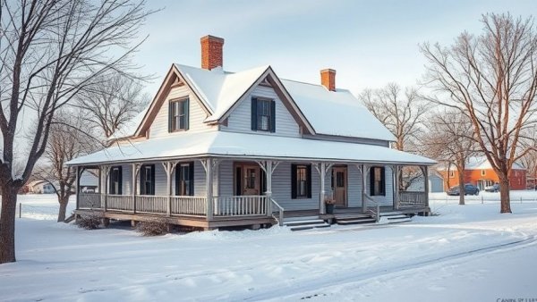 Charming winter farmhouse in a snowy landscape.