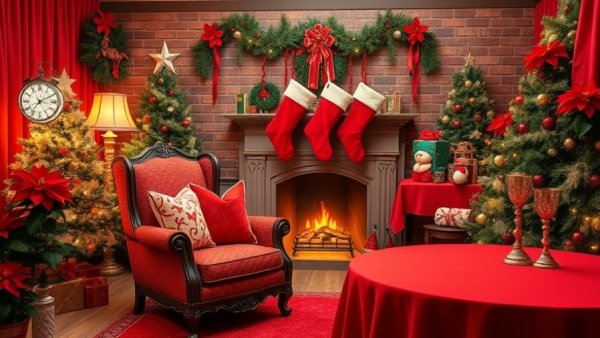 Cozy holiday photo booth with festive decor and fireplace.