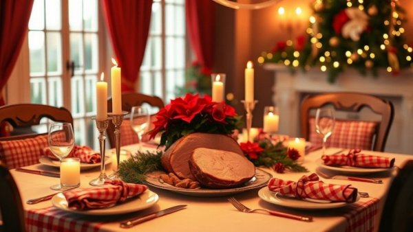 Christmas for farm families dinner table with ham, candles, and decor.