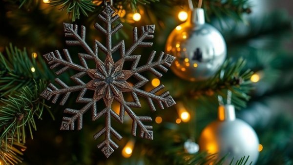 Rustic metal snowflake ornament on Christmas tree.