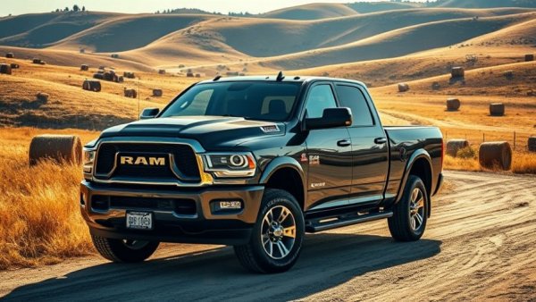 Black Ram truck parked on a farm with hay bales.