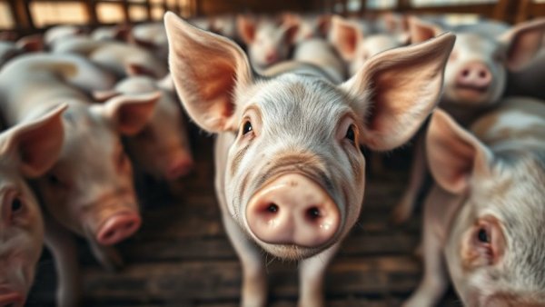 Curious pig in a barn setting, highlighting family farmers.