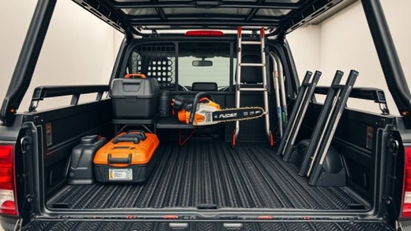 UTV with a bed-mounted tool storage system holding various tools.