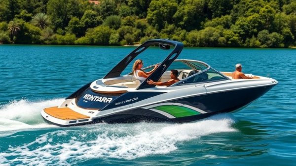 Montara EVO 25 wakeboard boat cruising with passengers on a lake.