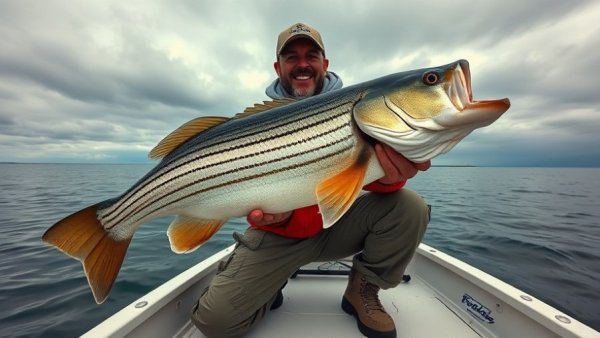 Angler posing with a large striped bass on a boat, fishing news.