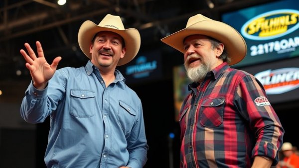 Lively fishing tournament event with announcer and cowboy hat participant.