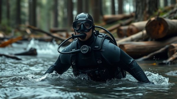 Diver in wetlands contributing to anadromous waters protection efforts.