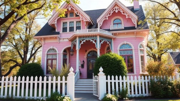 Victorian pink architecture surrounded by a lush garden.