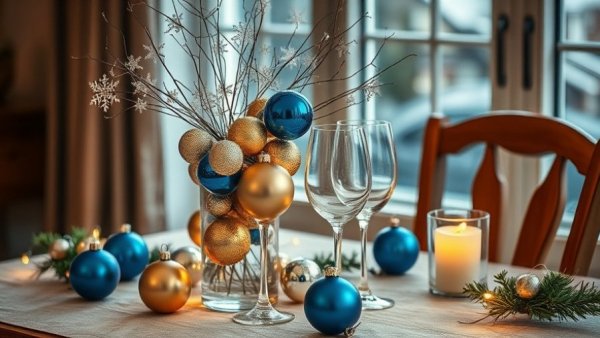 Elegant festive table with ornament vase for New Year’s party tips.