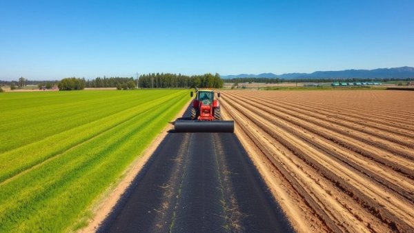 Tractor applying bumigro mulch film on farmland under blue sky