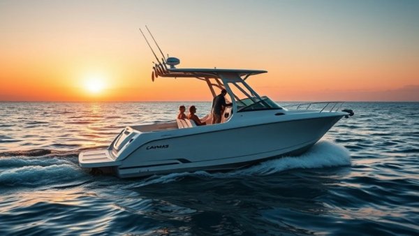 Caymas 24 HB hybrid bay boat on ocean at sunset with people onboard.
