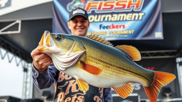 Cheerful angler at fishing tournament with trophy bass.