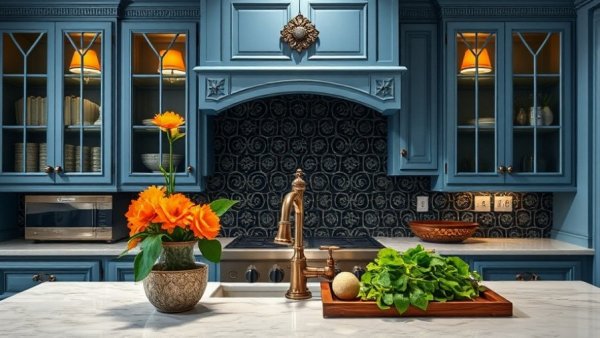 Elegant blue kitchen with mosaic backsplash and flowers.