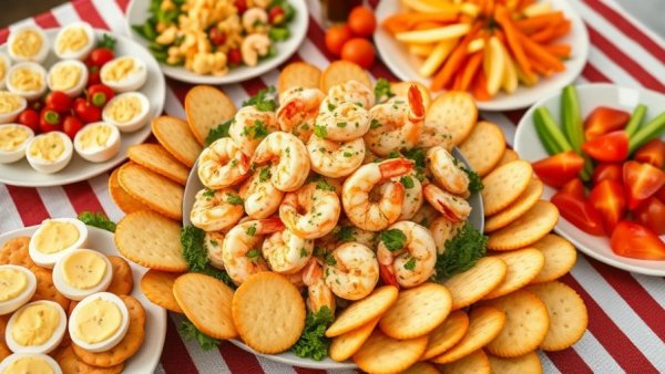 New Orleans shrimp salad with crackers and appetizers on striped tablecloth.