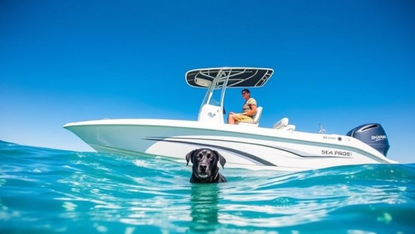 Sea Pro 265 Sandbar Boat in clear water with a dog.