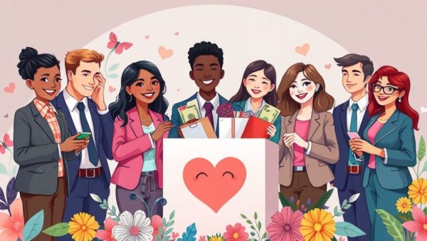 Cartoon depicting charitable giving strategies with diverse people and donation box.