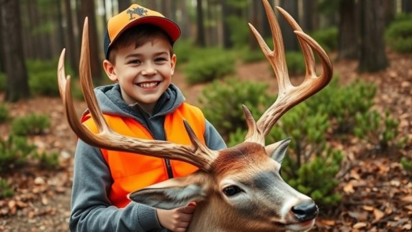 Parker Joseph's 8-point buck in a forest setting with a young boy smiling.