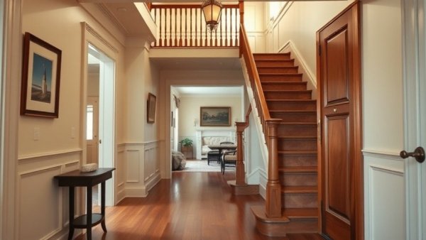 Elegant farm home hallway with classic staircase and decor.