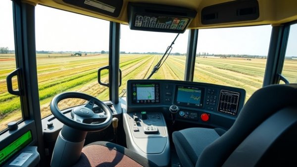 Modern farming vehicle cabin with high-tech controls for winter planning.