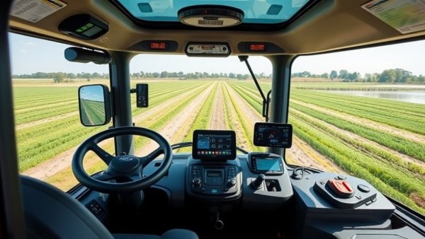 Modern tractor cab showcasing advanced controls and displays in a farm setting.