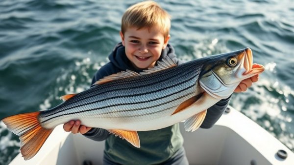 Boy fishing with kids on a boat, holding striped bass.
