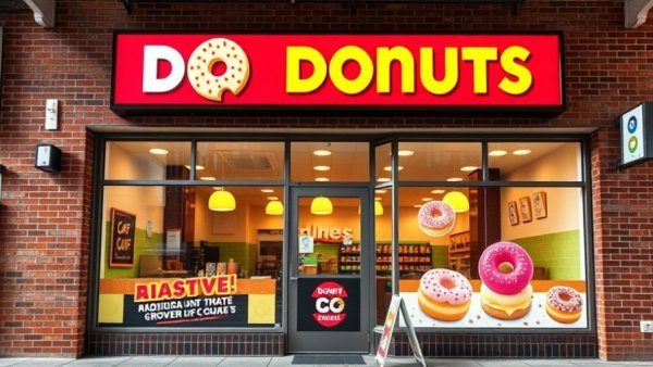 Texas Donuts storefront with colorful signage and brick facade.