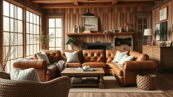 Cozy farmhouse living room with rustic decor and leather sofa.
