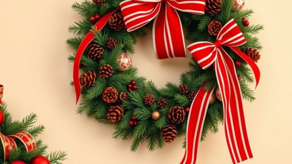 Festive Christmas wreath with bow and pinecones, holiday decor.