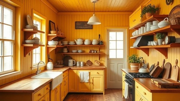 Charming yellow kitchen with wooden shelves and rustic design.