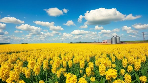 Expansive canola field under blue sky, rural farm setting.