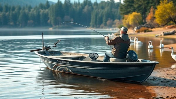 Angler fishing on a serene lake during a fishing tournament, geese nearby.