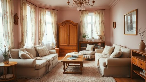 Charming boho bedroom with pastel pink and beige decor.