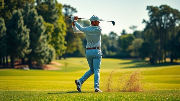 Golfer mid-swing on a green course, with grass clippings in the air.