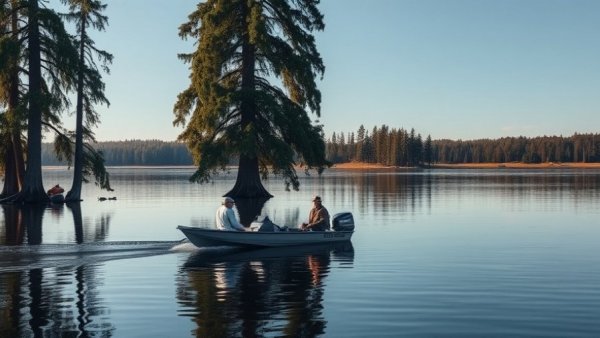 Anglers in a boat during calm fishing tournament, serene lake scene.